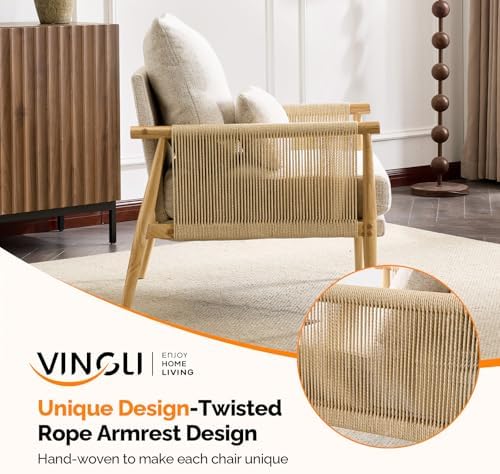 VINGLI Boho Braid Accent Armchair,Mid-Century Modern Chiar with Solid Wooden Armrest,Comfy Louge Cushion Chair with Waist Pillow for Bedroom,Living Room,Reading Room, Gray Beige