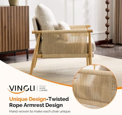 VINGLI Boho Braid Accent Armchair,Mid-Century Modern Chiar with Solid Wooden Armrest,Comfy Louge Cushion Chair with Waist Pillow for Bedroom,Living Room,Reading Room, Gray Beige