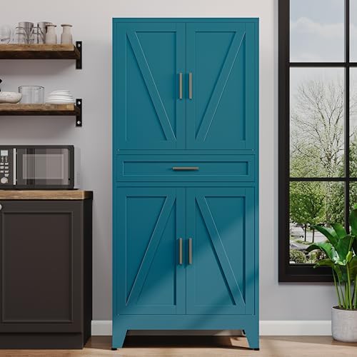 71"H Metal Kitchen Pantry Cabinet with Drawers,Blue Kitchen Storage Cabinets with Doors,Farmhouse Pantry Food Storage Cabinets,Tall Pantry Cabinets,Large Freestanding Cabinets for Dining Room