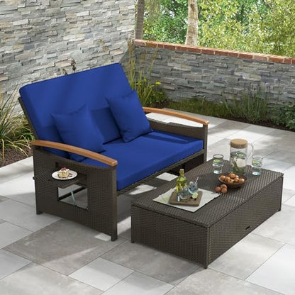 COSTWAY Patio Rattan Daybed, Outdoor Loveseat Sofa with Storage Ottoman