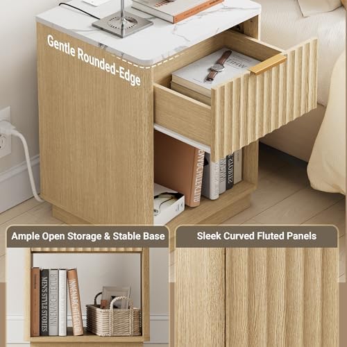 Fluted Nightstand with Charging Station, 18" W Night Stand with Faux Marble Top & Metal Handle, FSC-Certified Wood, Modern End Table, Bedside Table for Bedroom, Curved Corners, Natural Oak