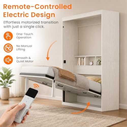 Electric Vertical Full Murphy Bed with Storage Shelf-White