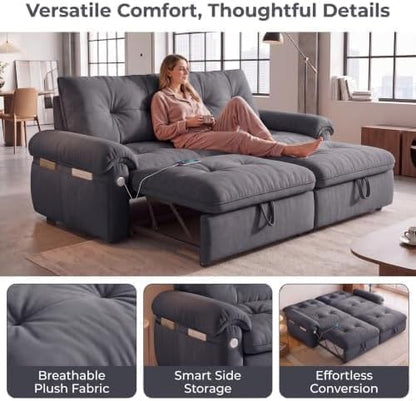 77" Convertible Queen Sofa Bed with USB Port & Side Pockets, Gray