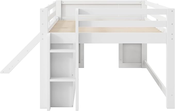 Bellemave Full Size Low loft Bed with Slide for Kids,Wood Modern Farmhouse Full Loft Bed with Drawer Storage, No Box Spring Needed, White