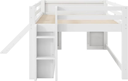 Bellemave Full Size Low loft Bed with Slide for Kids,Wood Modern Farmhouse Full Loft Bed with Drawer Storage, No Box Spring Needed, White