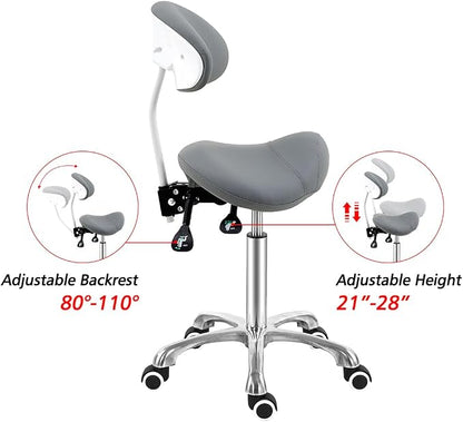 Antlu Saddle Stool Chair with Back Support - Ergonomic Esthetician Seat Saddle Stool for Salon Tattoo Spa Medical Dentist Clinic (with Backrest, Grey)
