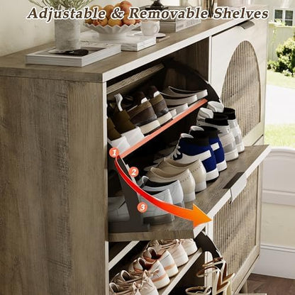 Shoe Storage Cabinet with 4 Flip Drawers, Narrow Wood Shoe Organizer Cabinet with Fluted Panel, Slim Shoe Rack for Entryway, Freestanding Shoe Cabinet for Living Room, Hallway, Grey