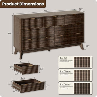 54" Wide Fluted 7 Drawers Dresser for Bedroom,with Curved Edge,Walnut