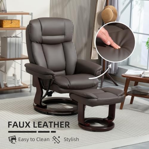 HOMCOM Recliner Chair with Ottoman, PU Leather Swivel Recliner with Comfy Footrest, Upholstered Adjustable Living Room Chair and Ottoman Set, Dark Brown