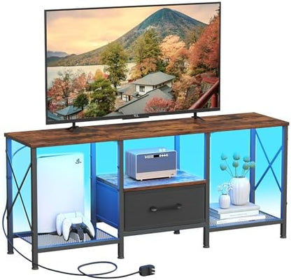 JARHETUN LED TV Stand with Fabric Drawer, Entertainment Center for 50 55 Inch TV, Industrial TV Console Table with Open Storage Shelves for Living Room, Bedroom, Rustic Brown