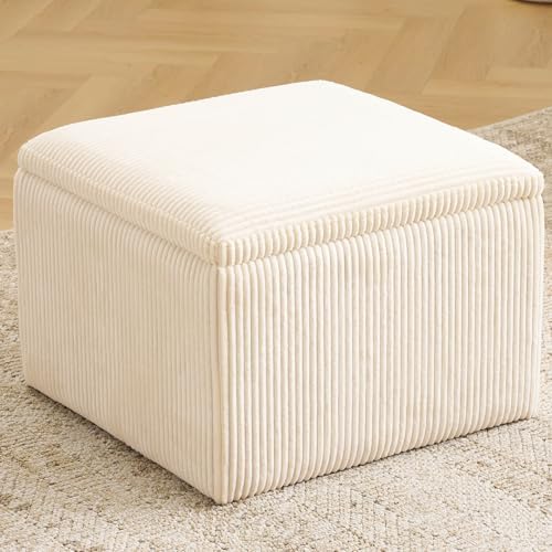 Cube Storage Ottoman, Ottoman Footstool with Removable Lid, Chenille Ottoman Foot Stools, Storage Ottoman for Chair, Multi-Functional Footrest, Corduroy Beige