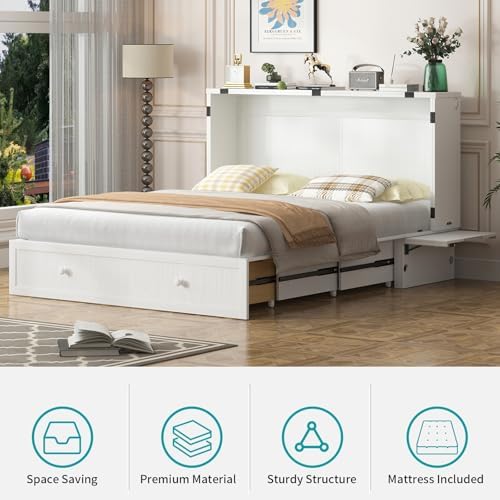 BALUS Queen Murphy Bed, Cabinet Murphy Bed with Large Storage Drawer-White