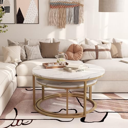 WiberWi Round Coffee Table Nesting Tables Set of 2, Large: Ø 34.0", Small: Ø 26.0", Modern Design Coffee Tables for Living Room, Metal Frame Circle Cocktail Table, High Glossy Faux Marble, White&Gold