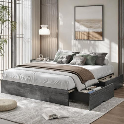 GarveeHome Wood Platform Bed Frame, Queen Bed Frame with 2 Drawers