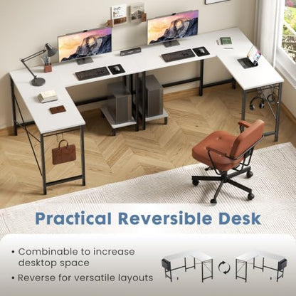 DUMOS L Shaped Computer Desk with PC Stand, Corner Workstation, White
