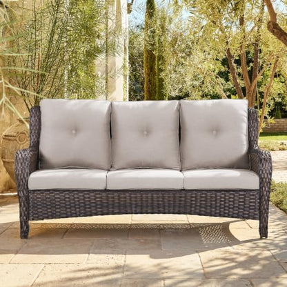 Belord Patio Sofa Luxury PE Wicker 3-Seater Outdoor Couch, Modern All-Weather High Back Deep Seat Woven Furniture Set for Porch, Deck, Balcony, Backyard - Brown/Beige
