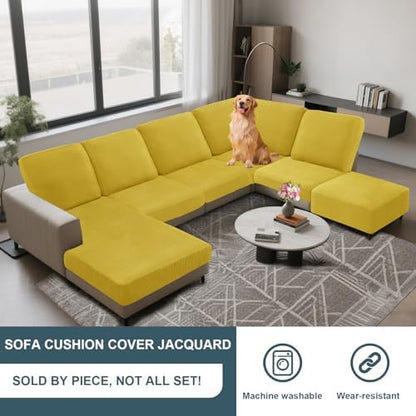 UNBBRRL Seat Cushion Cover and Back Covers for Corner Sofa Stretch Jacquard, Non Slip L Shaped Sofa Slipcover with Storage Ottoman, Sectional Couch Cover for Chaise Lounge (Yellow,47 x 61 x 6”)