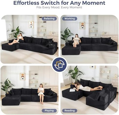 MAXYOYO Modular Sectional Couch with L-Shape Chaise and Loveseat, Modern Boneless Couch for Living Room, Oversized Sofa with Deep Seat, No Assembly Required, Blackn