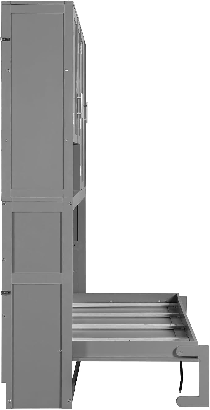Twin Murphy Bed with Storage, Folding Wall Bed with Top Cabinet and Shelves | Flexible slats and a dual-piston mechanism help lift and lower the bed smoothly, with 400 lb capacity for daily use.