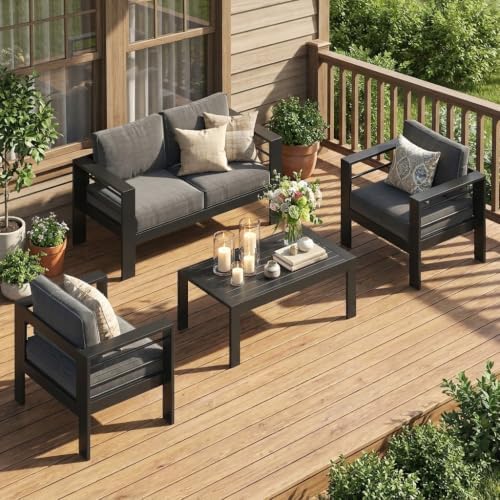 4 Seats Outdoor Patio Set, Aluminum Outside Furniture with 10" Back Cushion