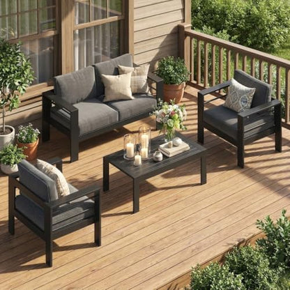 4 Seats Outdoor Patio Set, Aluminum Outside Furniture with 10" Back Cushion