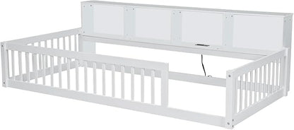 Bellemave Kids Montessori Floor Bed Twin XL Size,Floor Bed Frame with Bookcase and Charging Station for Kids Boys Girls,White