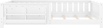 Bellemave Queen Size Floor Bed with high Rails and with Built-in Bookshelf for Kids, Girls, Boys, Wood Montessori Floor Bed Without Door, White