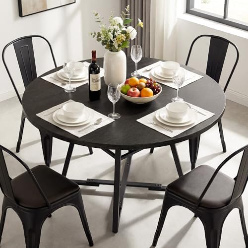Alpen 47" Round Dining Table for 4-6, Small Kitchen Table with Storage Shelf, Wood Circle Table with Pedestal Metal Frame, Small Space Table for Apartment, Dining Room, Black