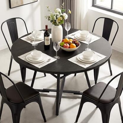 Alpen 47" Round Dining Table for 4-6, Small Kitchen Table with Storage Shelf, Wood Circle Table with Pedestal Metal Frame, Small Space Table for Apartment, Dining Room, Black