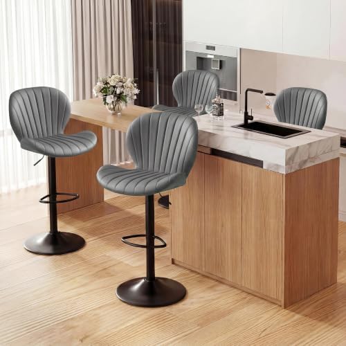 Bar Stools Set of 4, Modern Swivel Adjustable Bar Chairs, Faux Leather Upholstered Counter Height Bar Stools with Backrest, Comfort Barstools for Kitchen Island, Home Bar, Light Gray
