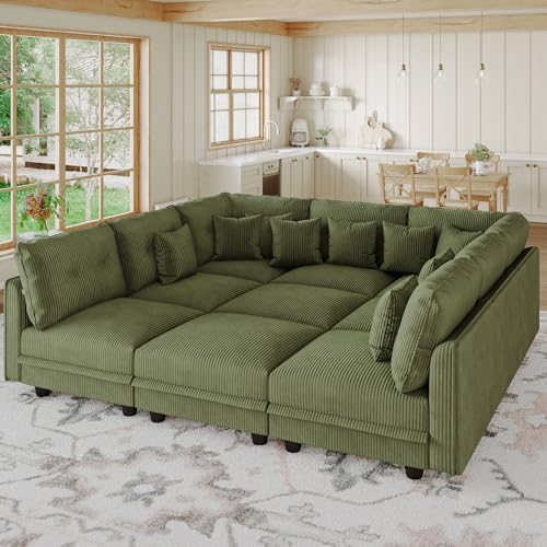 LLappuil 137" Modular Sectional Sofa with Storage, U Shaped 9-Seat Pet-Friendly Corduroy Couch with 9 Throw Pillows, Convertible Sofa Set for Living Room, Scratch Resistant, Green