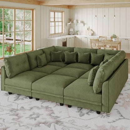 LLappuil 137" Modular Sectional Sofa with Storage, U Shaped 9-Seat Pet-Friendly Corduroy Couch with 9 Throw Pillows, Convertible Sofa Set for Living Room, Scratch Resistant, Green