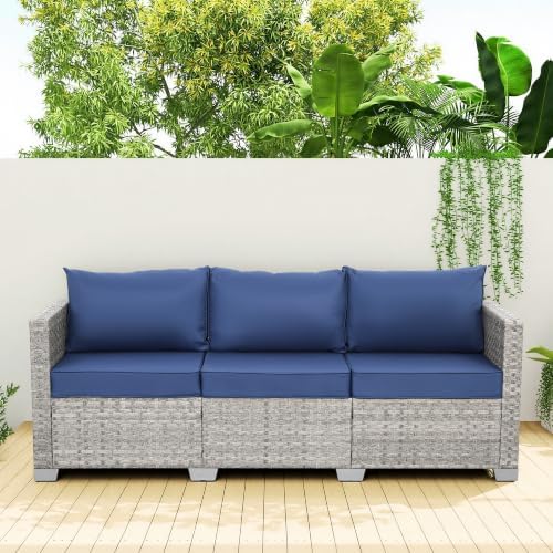 WAROOM Outdoor Couch 3 Seater Wicker Patio Sofa Grey Rattan Balcony Furniture Deep Seat Porch Seating, Navy Blue Cushion