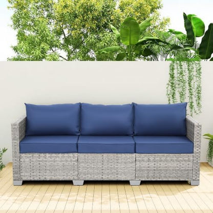 WAROOM Outdoor Couch 3 Seater Wicker Patio Sofa Grey Rattan Balcony Furniture Deep Seat Porch Seating, Navy Blue Cushion