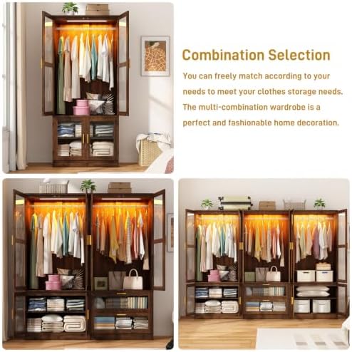 Armoire Wardrobe Closet with Sensor LED Light and Mirror（3 Doors Walnut）