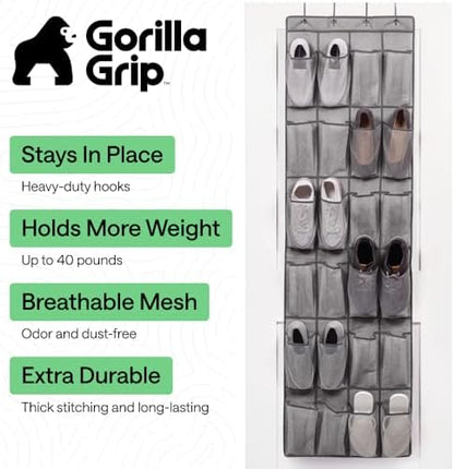 GORILLA GRIP Over the Door Shoe Organizer, 24 Large Pockets, Gray