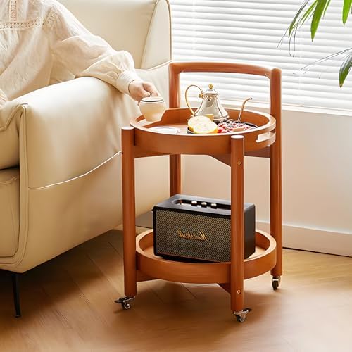 Side Table with Wheels, Mid Century Modern Rolling End Table, Solid Wood Round End Table with Detachable Tray, Small Accent Table, Movable Coffee Table Cart(Natural)