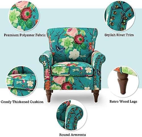 HULALA HOME Traditional Floral Accent Chair with Solid Wood Legs, Blue