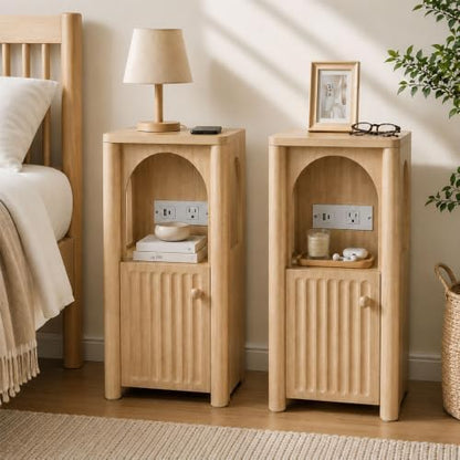 Narrow Nightstand Set of 2 with Charging Station Slim Bedside Table