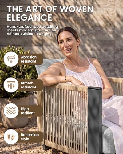Vexwalx Luxury Patio Furniture Set, 2-Piece Cuvred Armchairs with Weather-Resistant Aluminum Frame and 7.1" Thicker Cushion, Woven Rope Patio Sectional Sofa for Deck, Garden, Balcony