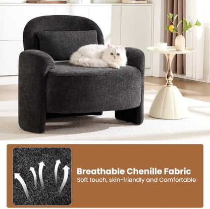 Accent Chairs Set of 2, Modern Chenille Fabric Lounge Reading Sofa with Lumbar Pillow, Upholstered Arm Chairs for Living Room, Bedroom & Office, Dark Grey