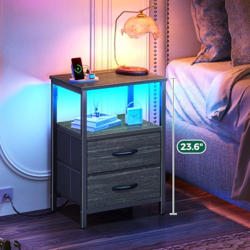 Huuger Night Stand with Charger Station and LED Lights, 2 Drawer Nightstand