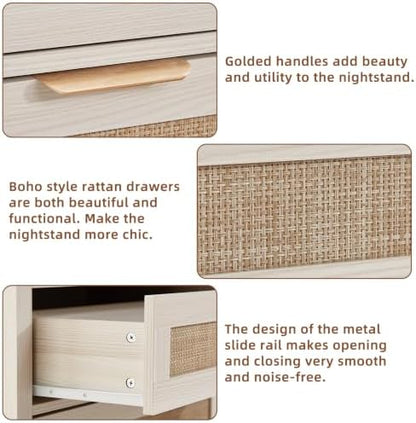 LEYAOYAO 26.8" Wide Rattan Nightstands Set of 2, Large Boho Night Stand