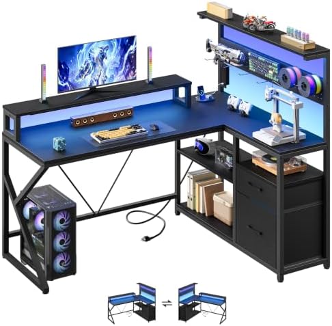 HOOBRO Computer Desk, L Shaped Desk with LED Lights and Power Outlet