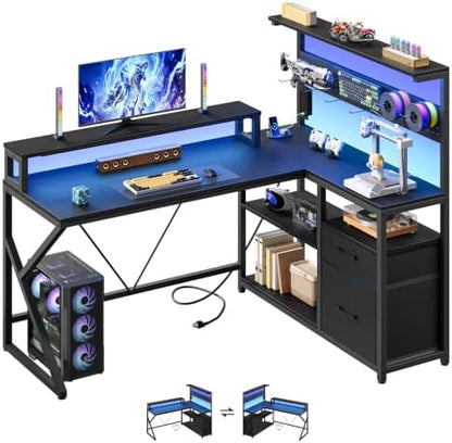 HOOBRO Computer Desk, L Shaped Desk with LED Lights and Power Outlet