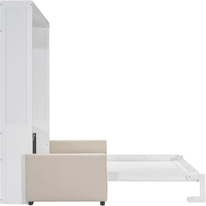MERITLINE Queen Murphy Bed with Sofa,Wood Vertical Folding Murphy Wall Bed Cabinet with Couch,for Adults Guest Rooms,Offices,Apartments (White)
