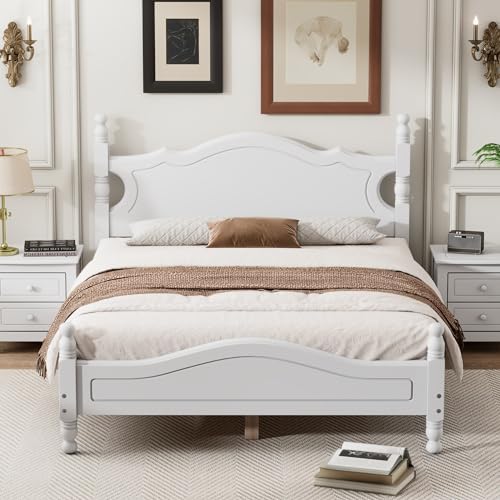 Merax Classic Solid Wood Platform Bed with Headboard, Full Bed Frame/No Box Spring Needed/Easy Assemble White