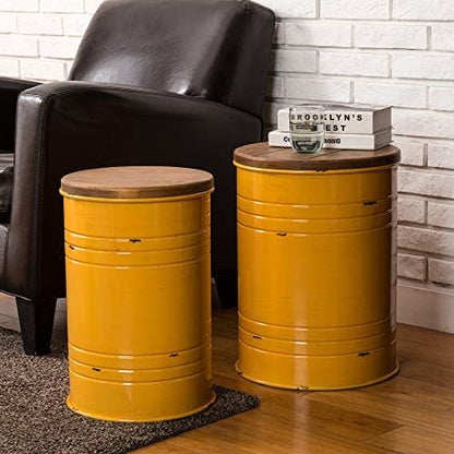 Glitzhome Nesting Tables for Living Room, Round Coffee Table Set of 2, Metal Farmhouse Small Accent End Table with Storage and Lid for Bedroom Office Plant Stander, Yellow