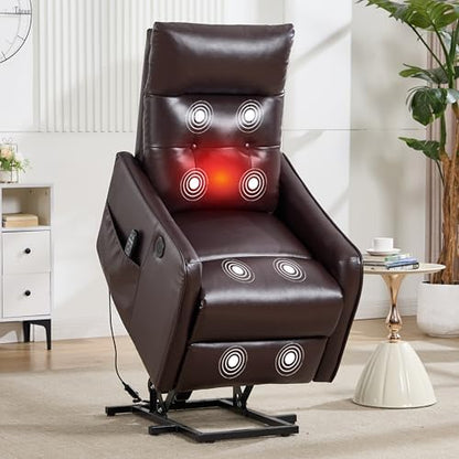 Power Lift Recliner Chair with Vibration Massage and Heat for Petite Elderly, Small Lift Chair with Side Pocket Remote Control, Infinite Position, Faux Leather Red Brown