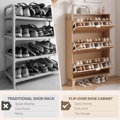 Shoe Cabinet, Slim 3 Flip Drawers for Entryway, Natural
